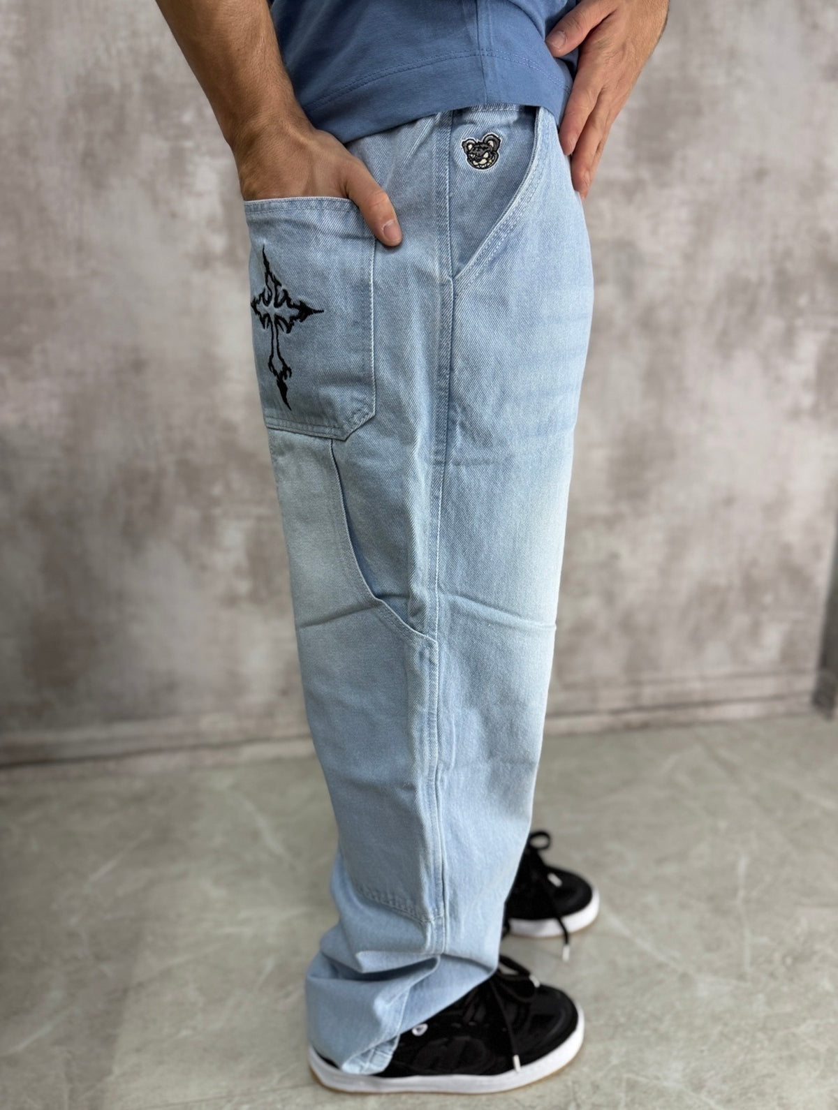 CALÇA TRIP SIDE BAGGY JEANS CARPINTEIRO BORDADO DUPLO CRUZ