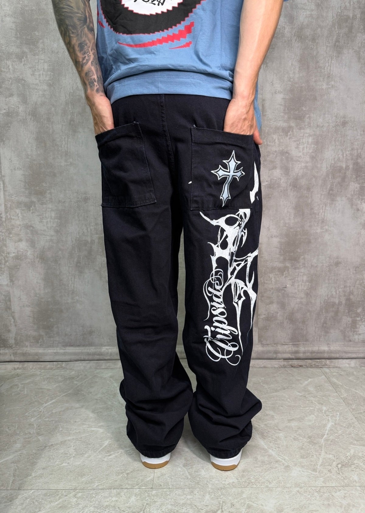 CALÇA JEANS BAGGY DARK BLUE STONED TRIP SIDE