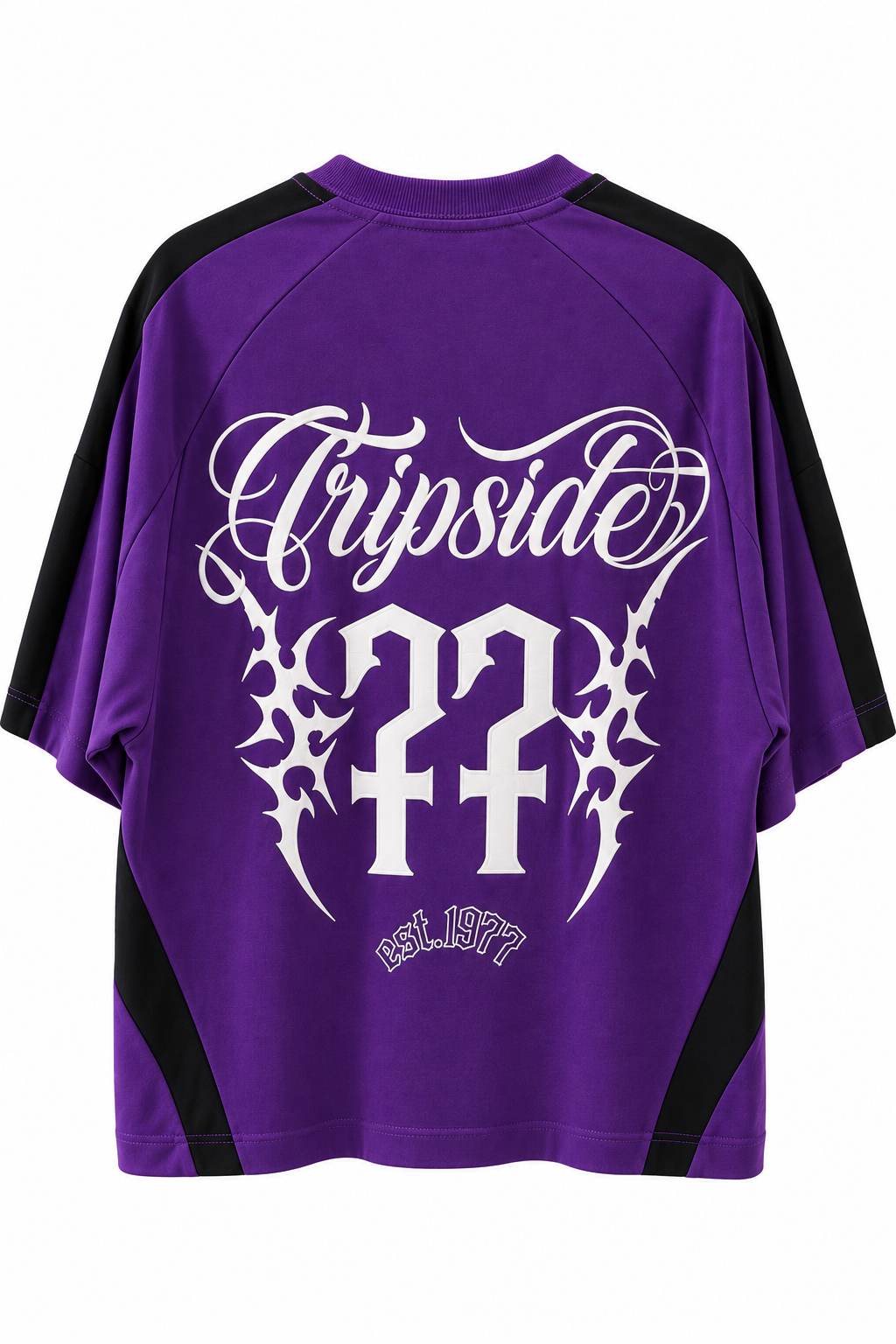 CAMISETA TRIP SIDE BOXY COM RECORTE PRETO E ROXO