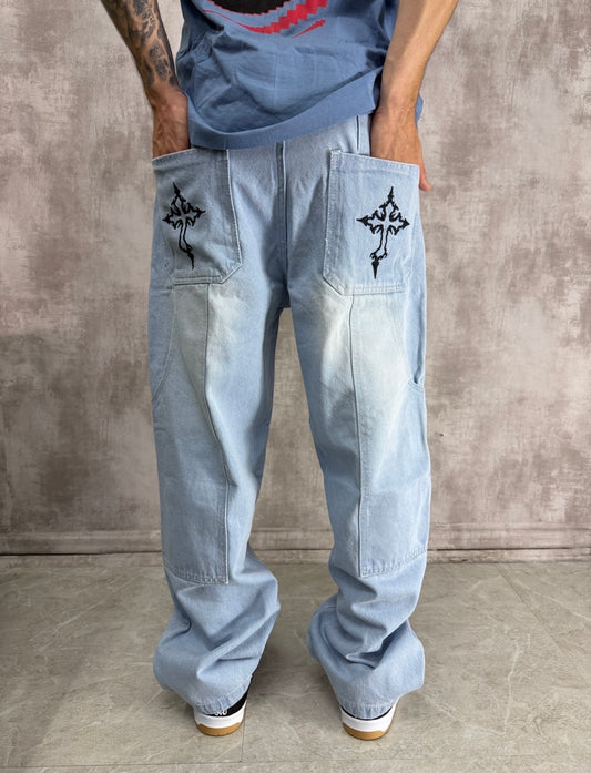 CALÇA TRIP SIDE BAGGY JEANS CARPINTEIRO BORDADO DUPLO CRUZ