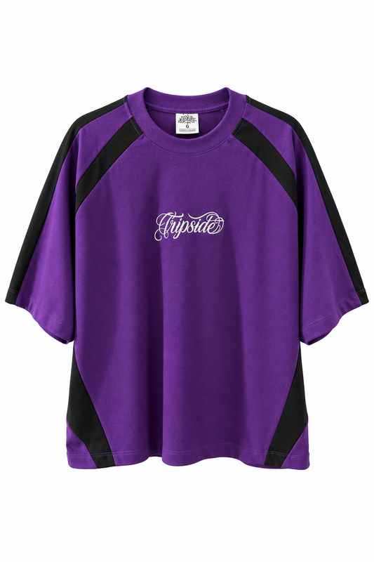 CAMISETA TRIP SIDE BOXY COM RECORTE PRETO E ROXO