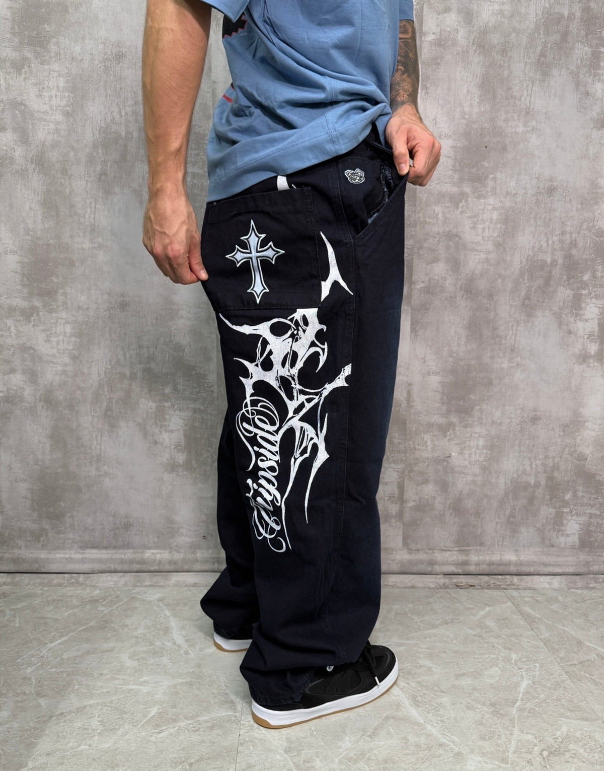 CALÇA JEANS BAGGY DARK BLUE STONED TRIP SIDE